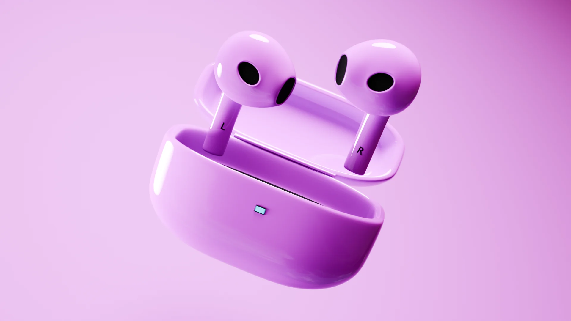 Purple earbuds floating out of their case on a lilac gradient