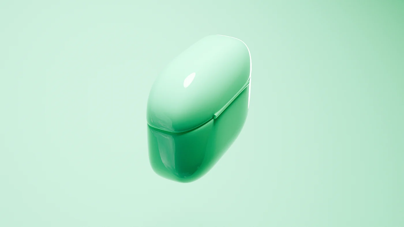 Closed mint-green earbud case on a pale green gradient