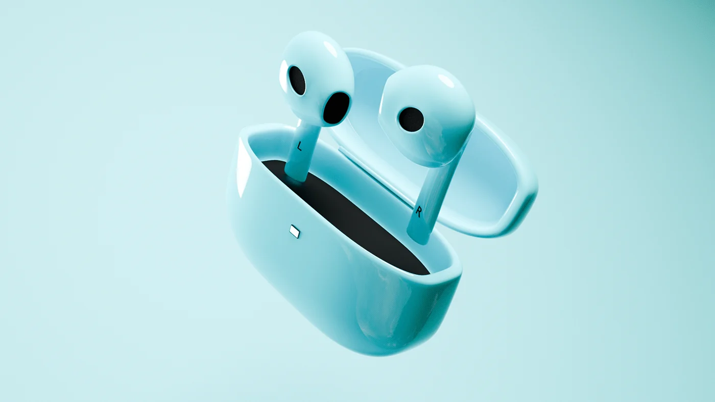 Pale blue earbuds tumbling out of their open case