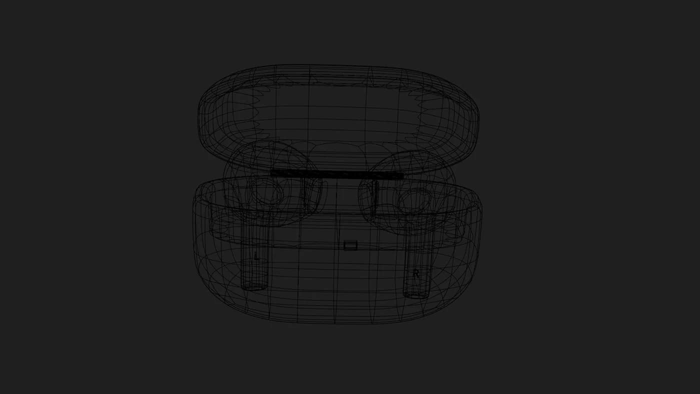 Wireframe render of the earbud case, closed