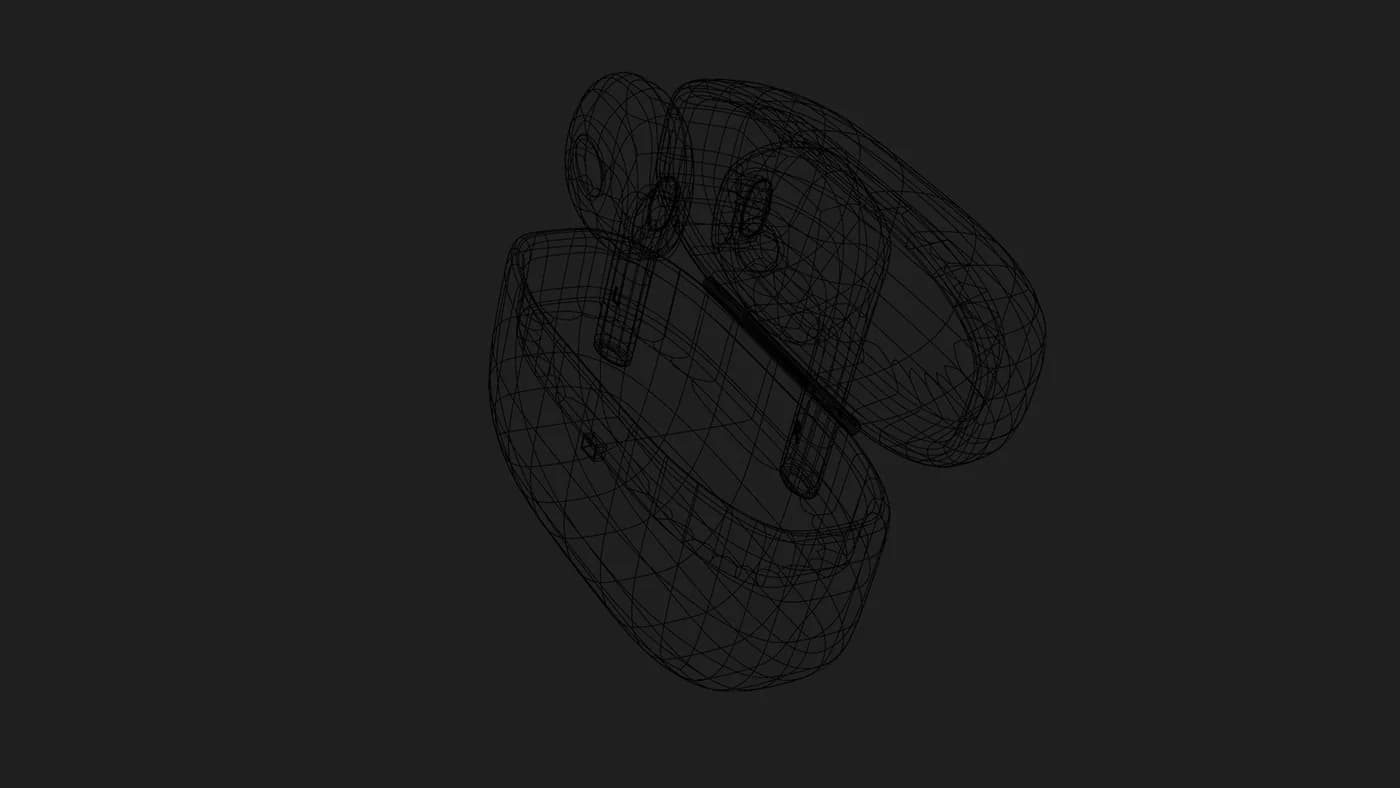 Wireframe render of the case with the earbuds lifting out