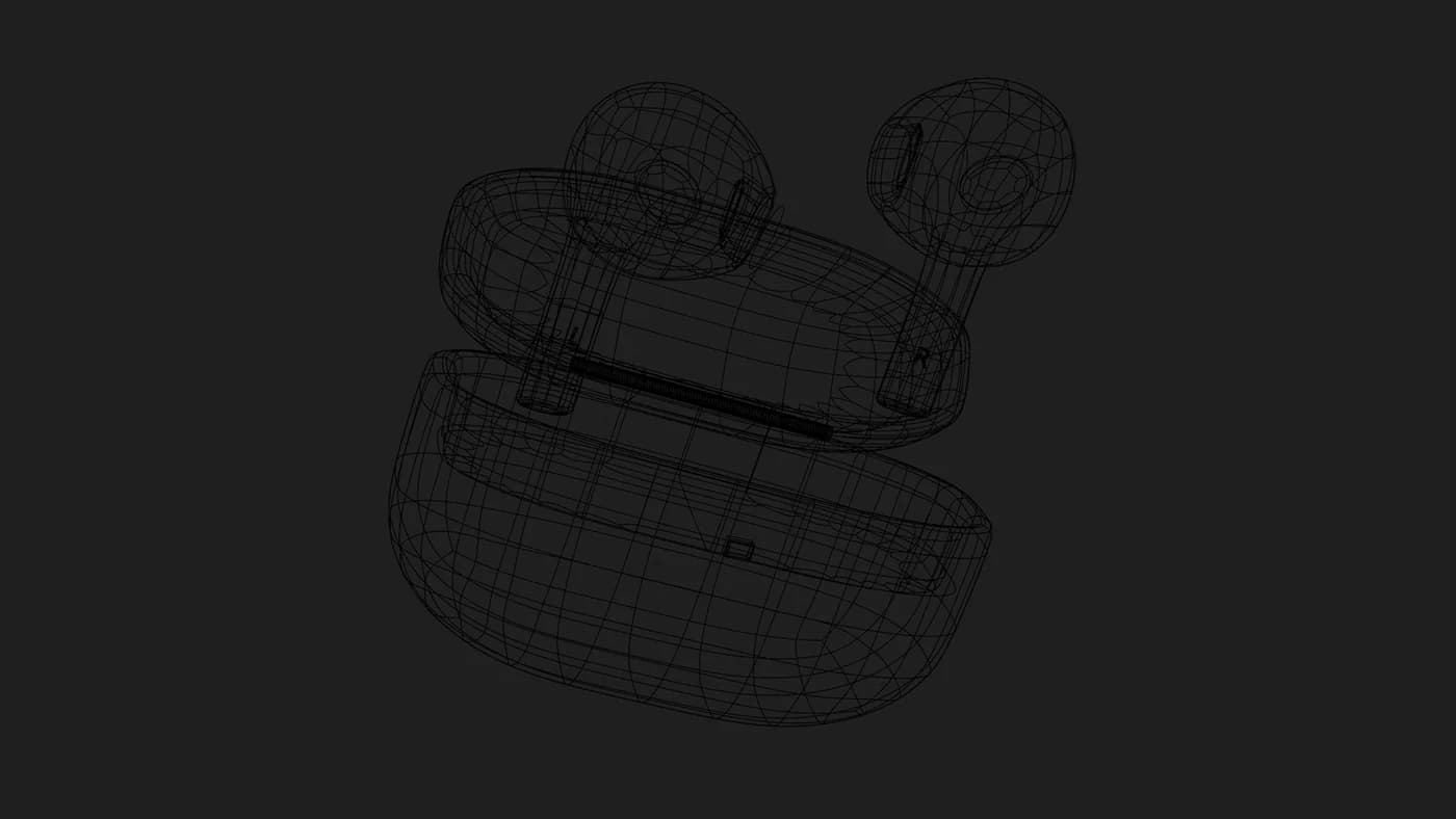 Wireframe render of the earbuds and case in mid-air
