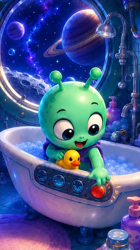 The alien in the tub holding a rubber duck