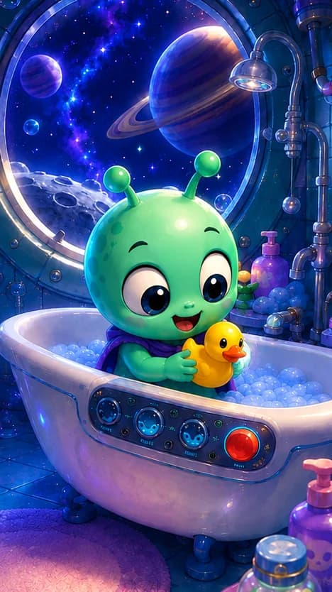 The alien at the tub controls with the duck beside him