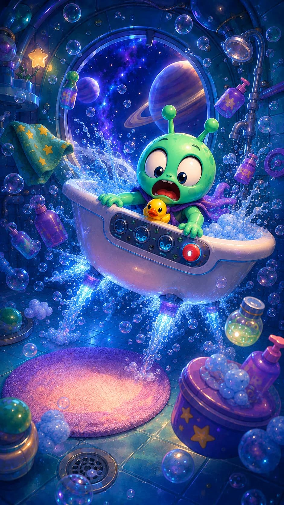 The alien in the tub as bubbles swirl through the cabin