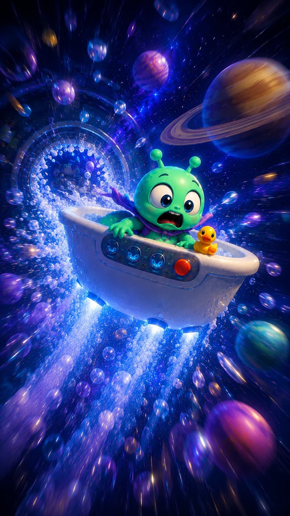 The tub launching through a tunnel of bubbles and stars
