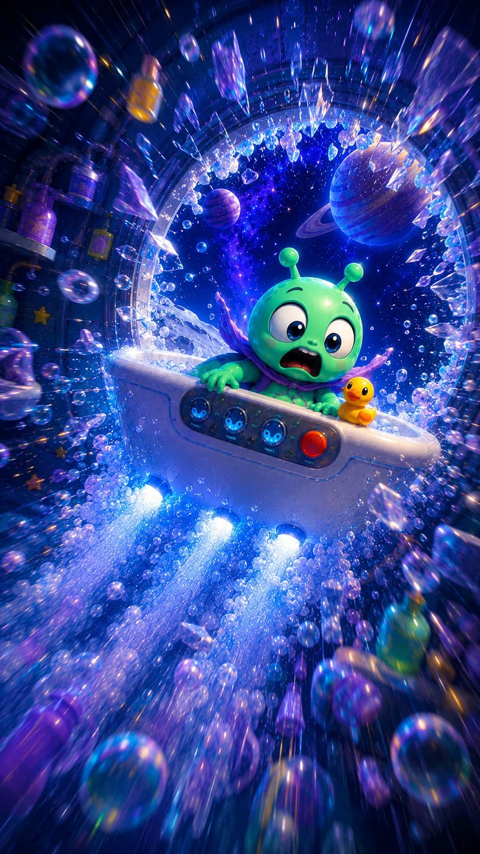 The tub streaking through a bright bubble vortex
