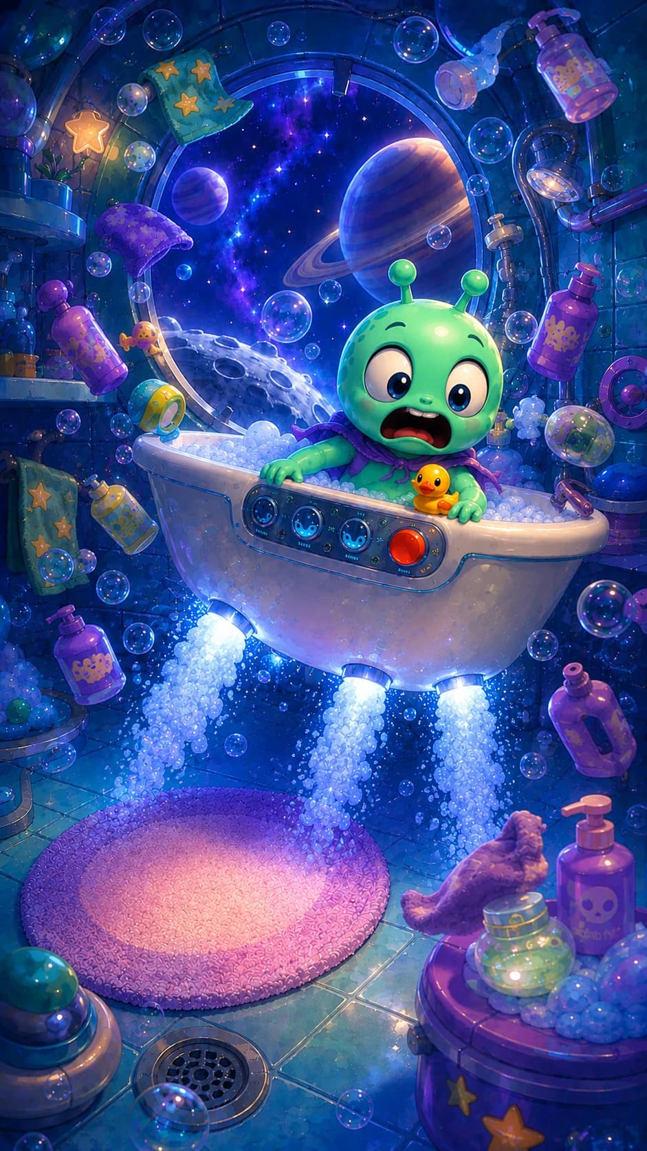 The alien at the controls with bottles floating around the tub