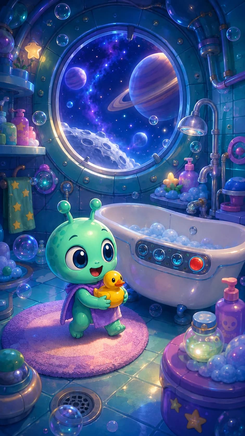 The alien standing beside the tub on a glowing bath mat