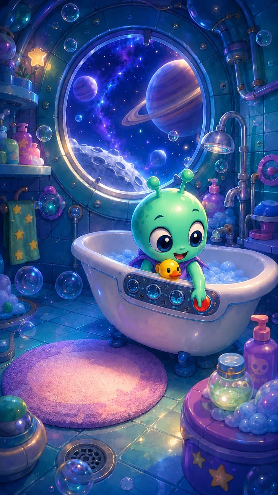 The alien back in the tub with the porthole and planet behind