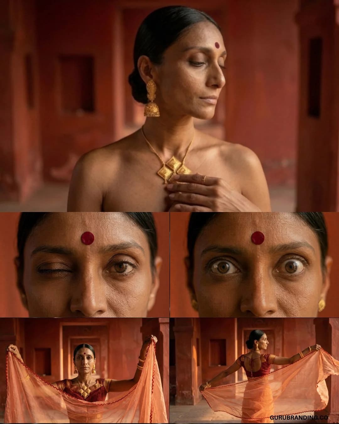 Model in a terracotta interior, above a grid of portrait frames