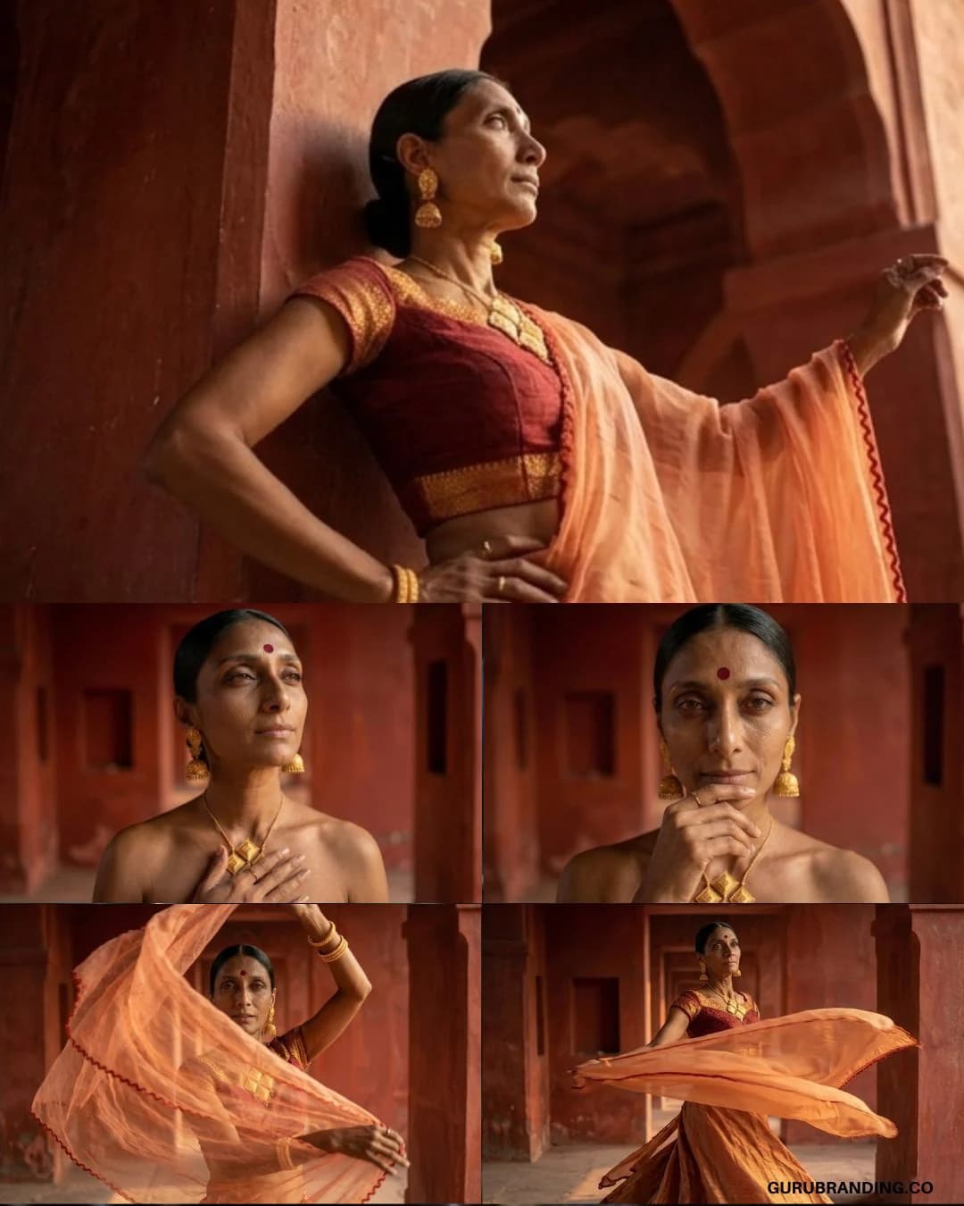 Model posing in an arched terracotta room, above campaign frames