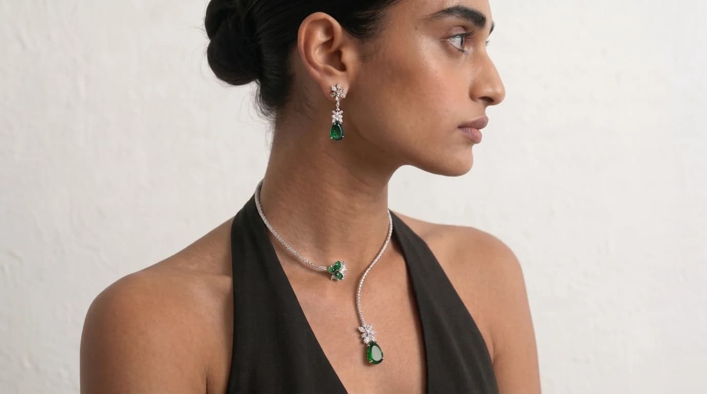 Model in a black halter dress wearing an emerald pendant and matching drop earring