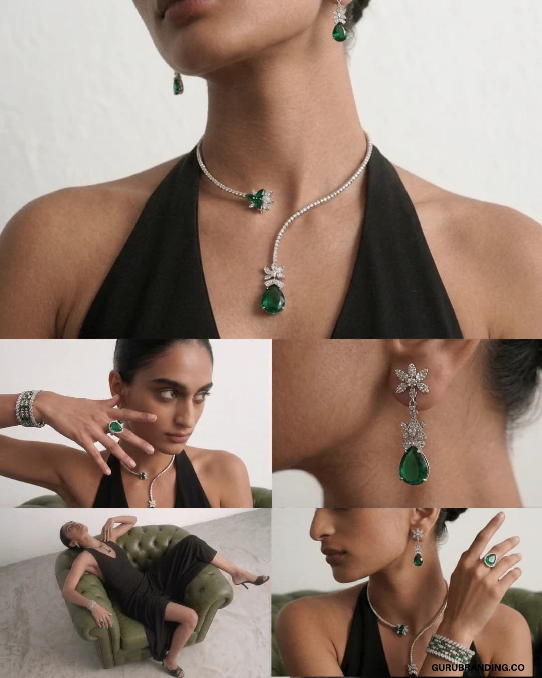 The emerald necklace worn, above a grid of jewellery close-ups