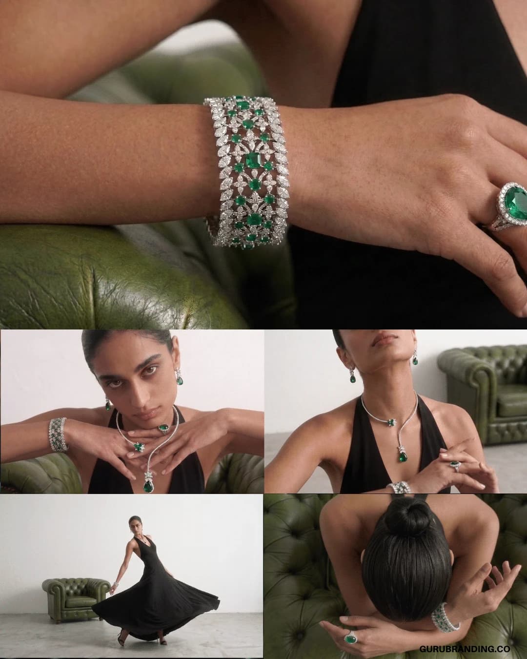The diamond bracelet and emerald ring on the model's hand, above portrait frames
