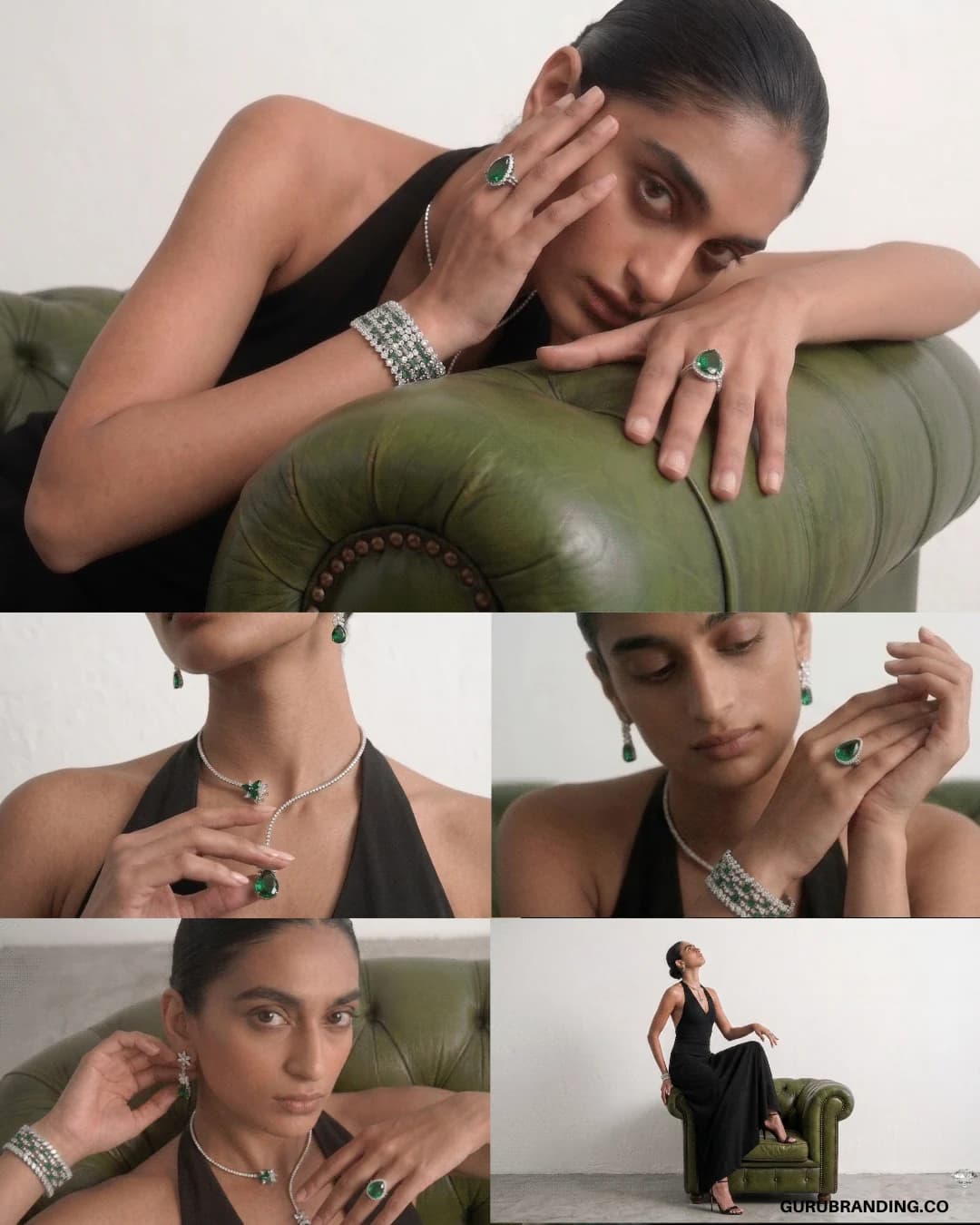 Model resting on a green velvet sofa, above a grid of portraits