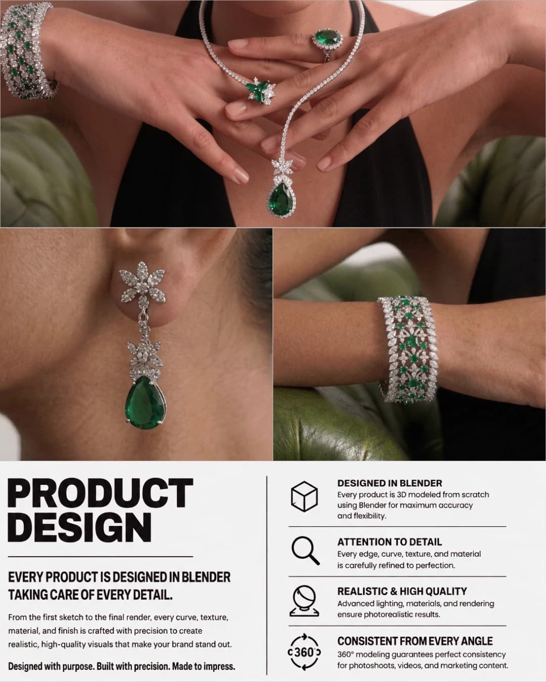 Product design board with the necklace, earring and bracelet in detail
