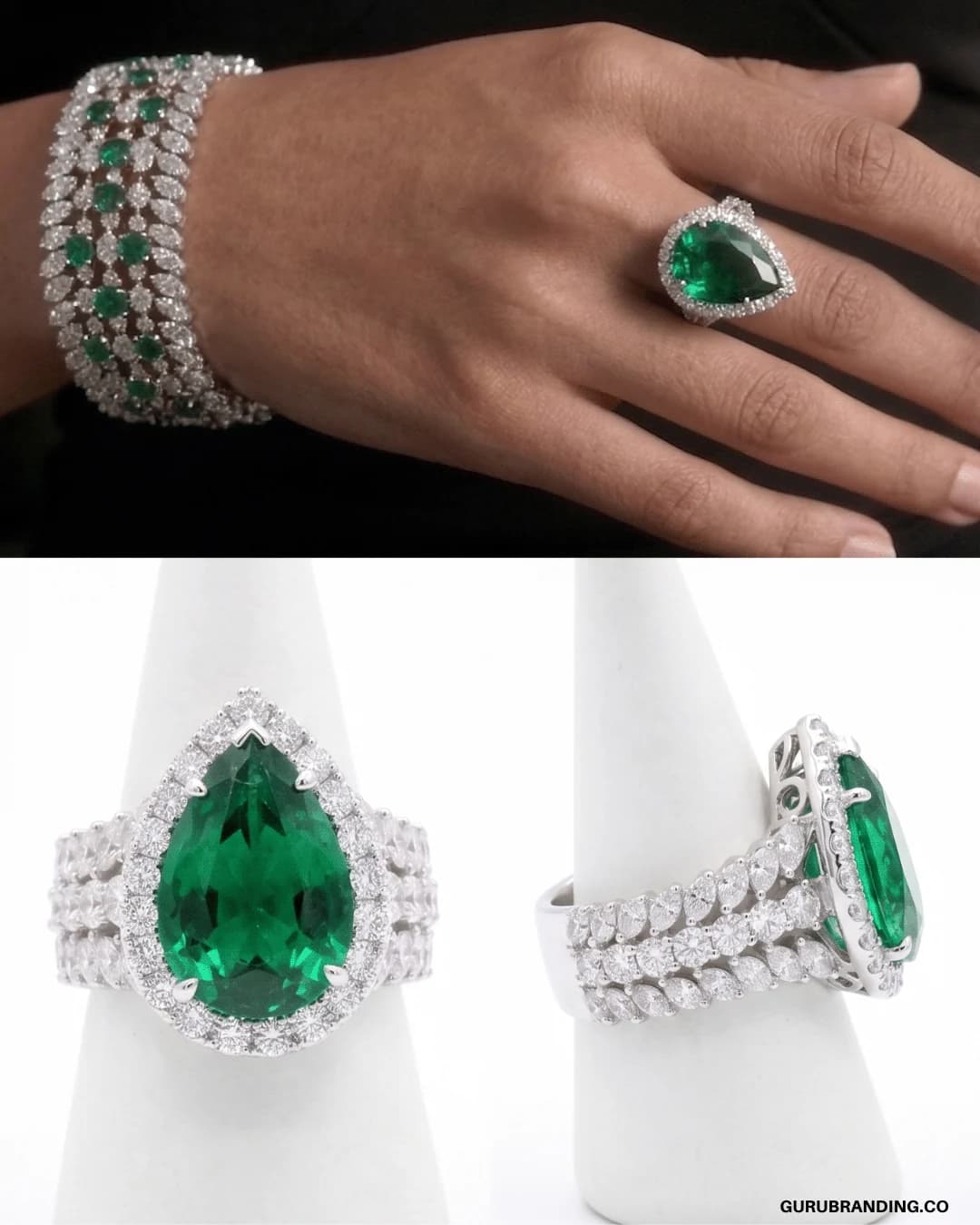 The emerald ring and diamond bracelet worn, beside a pair of ring renders