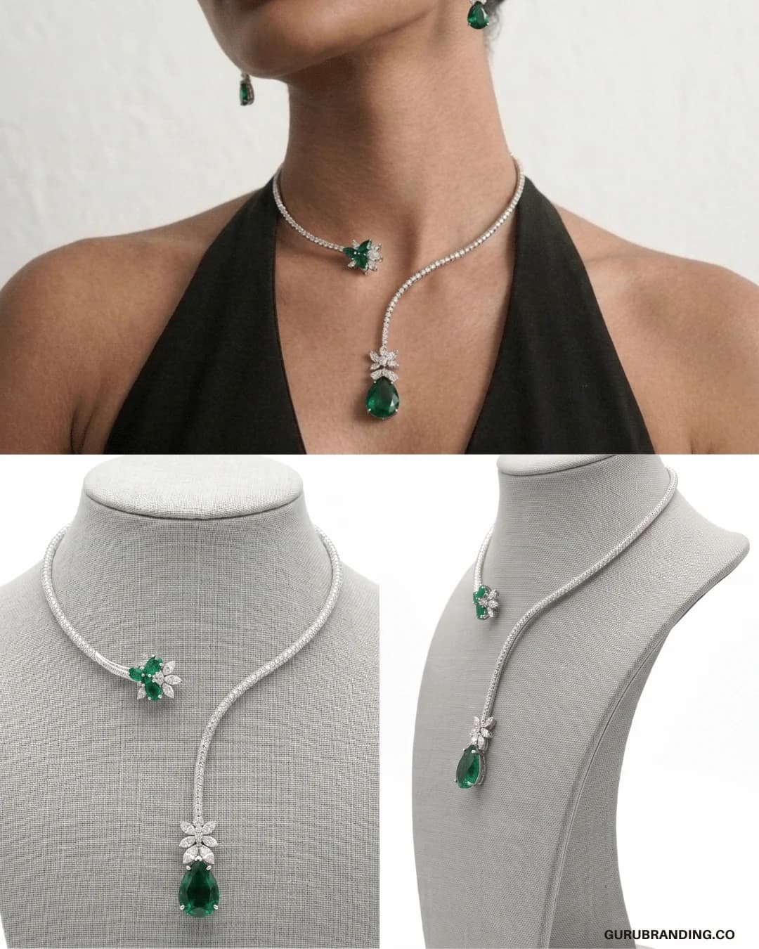 The emerald necklace shown worn and again on a display bust
