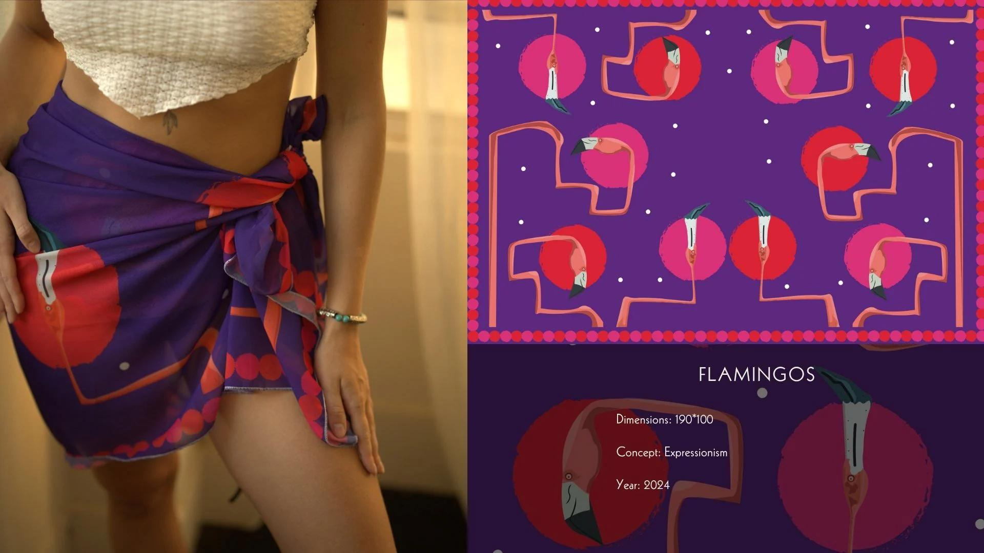 The Flamingos print worn as a beach wrap, beside its pattern sheet