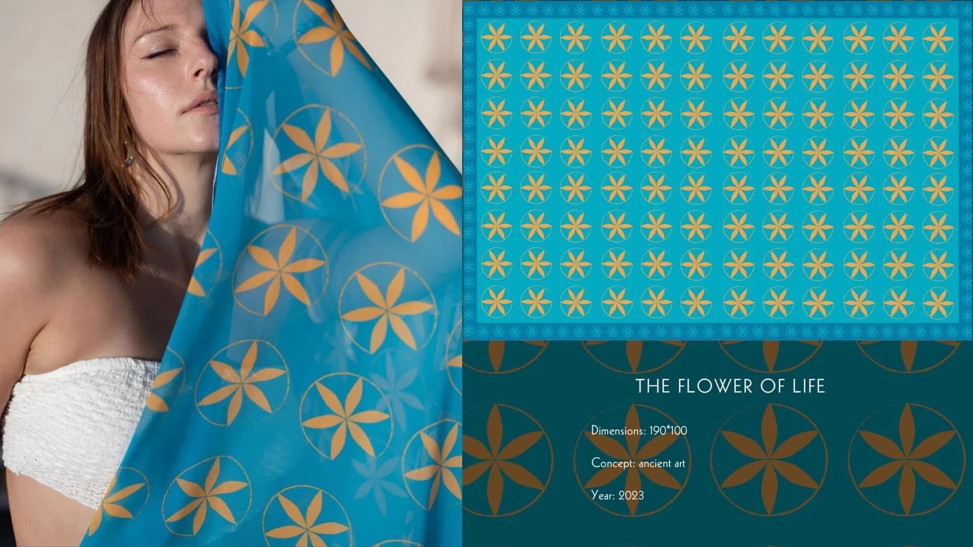 The Flower of Life print worn over the shoulder, beside its pattern sheet