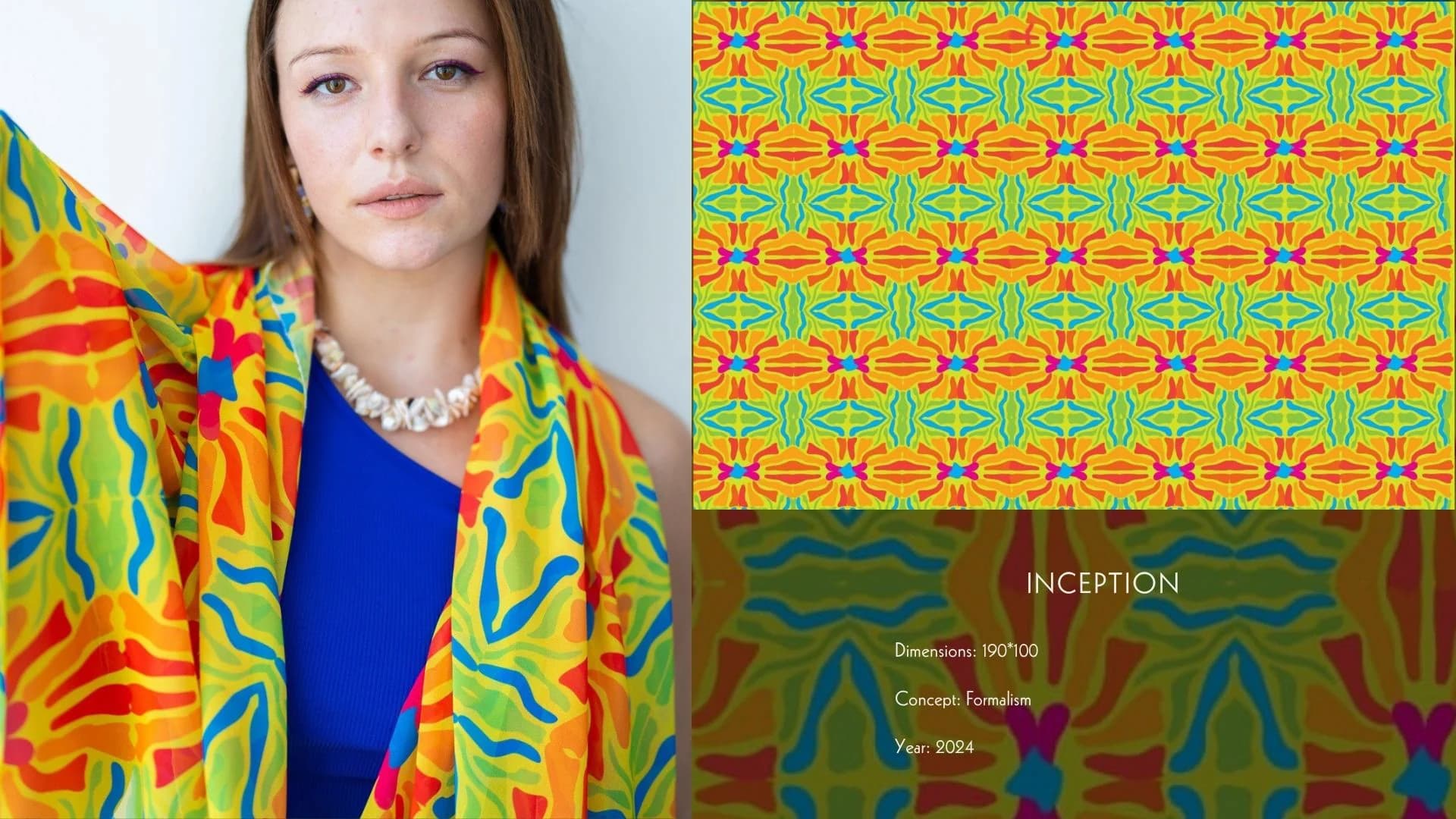 The Inception print worn open, beside its repeating pattern sheet