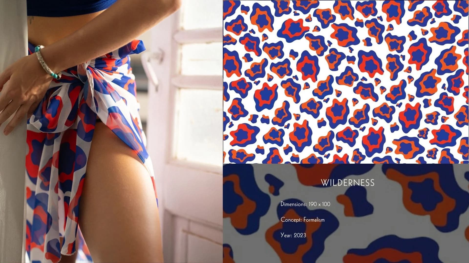 The Wilderness print worn as a wrap, beside its pattern sheet