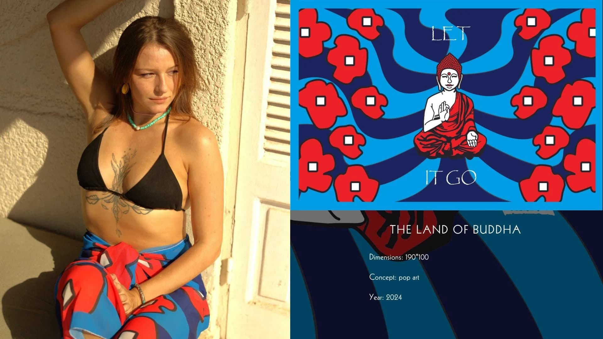 The Land of Buddha print worn as a beach wrap, beside its pattern sheet