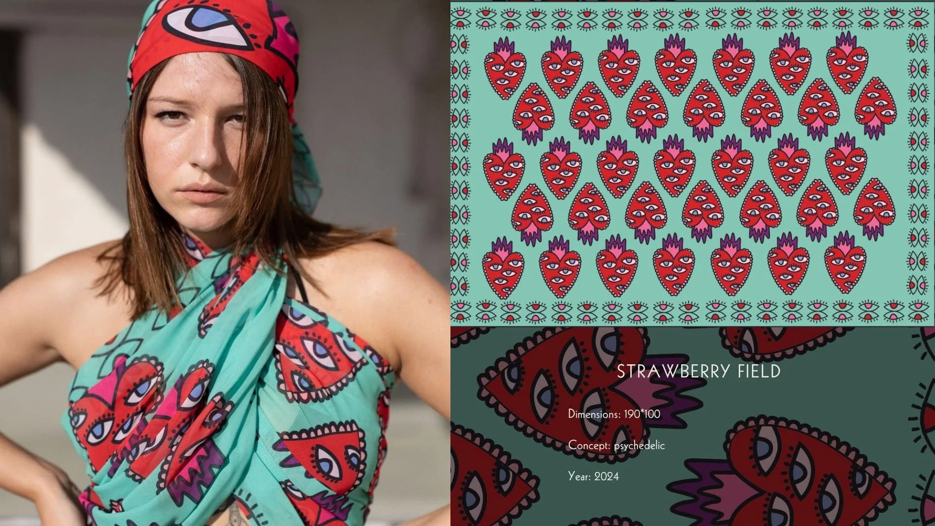 The Strawberry Field print worn as a headwrap, beside its pattern sheet
