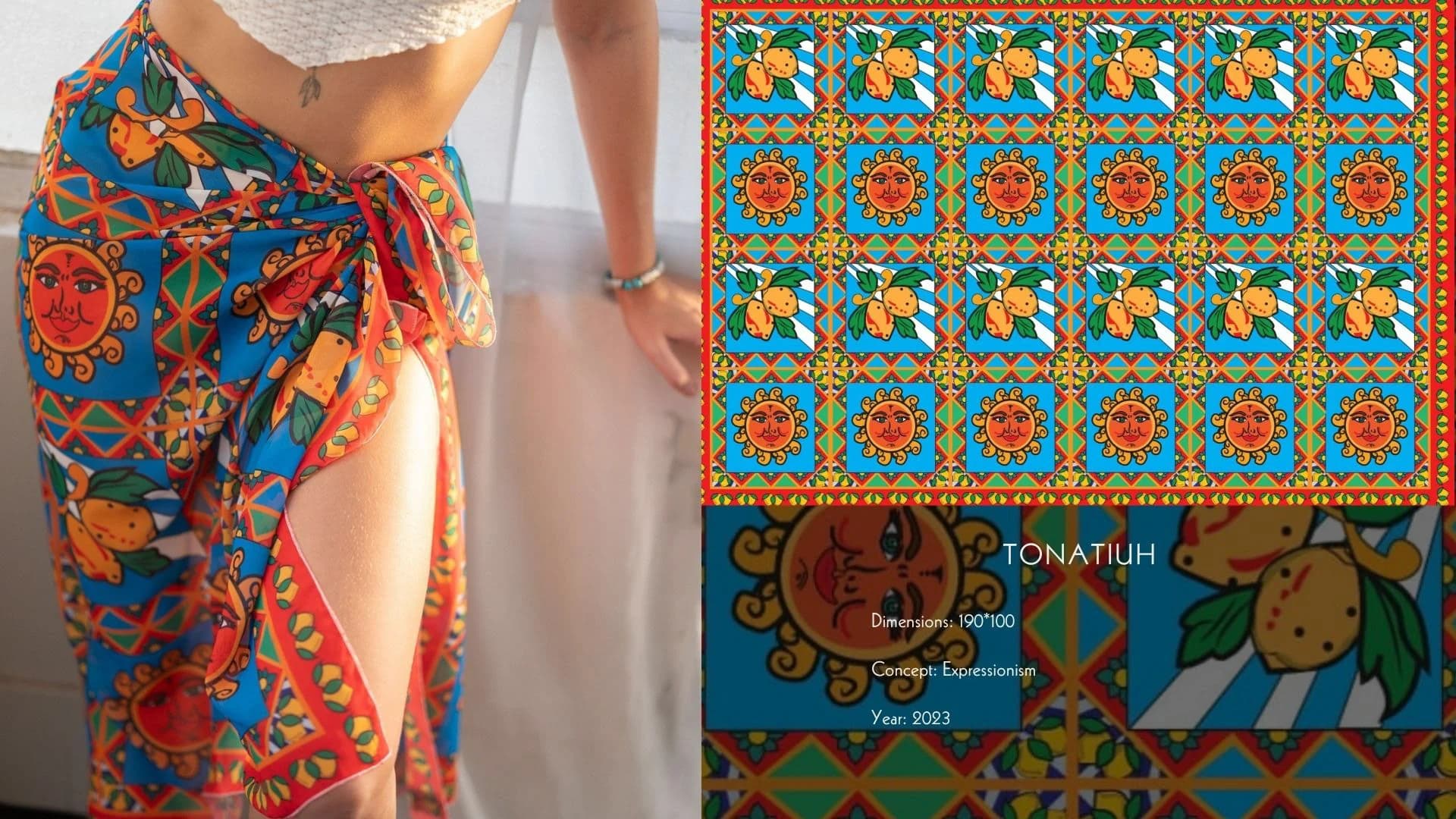 The Tonatiuh print worn as a beach wrap, beside its tiled pattern sheet