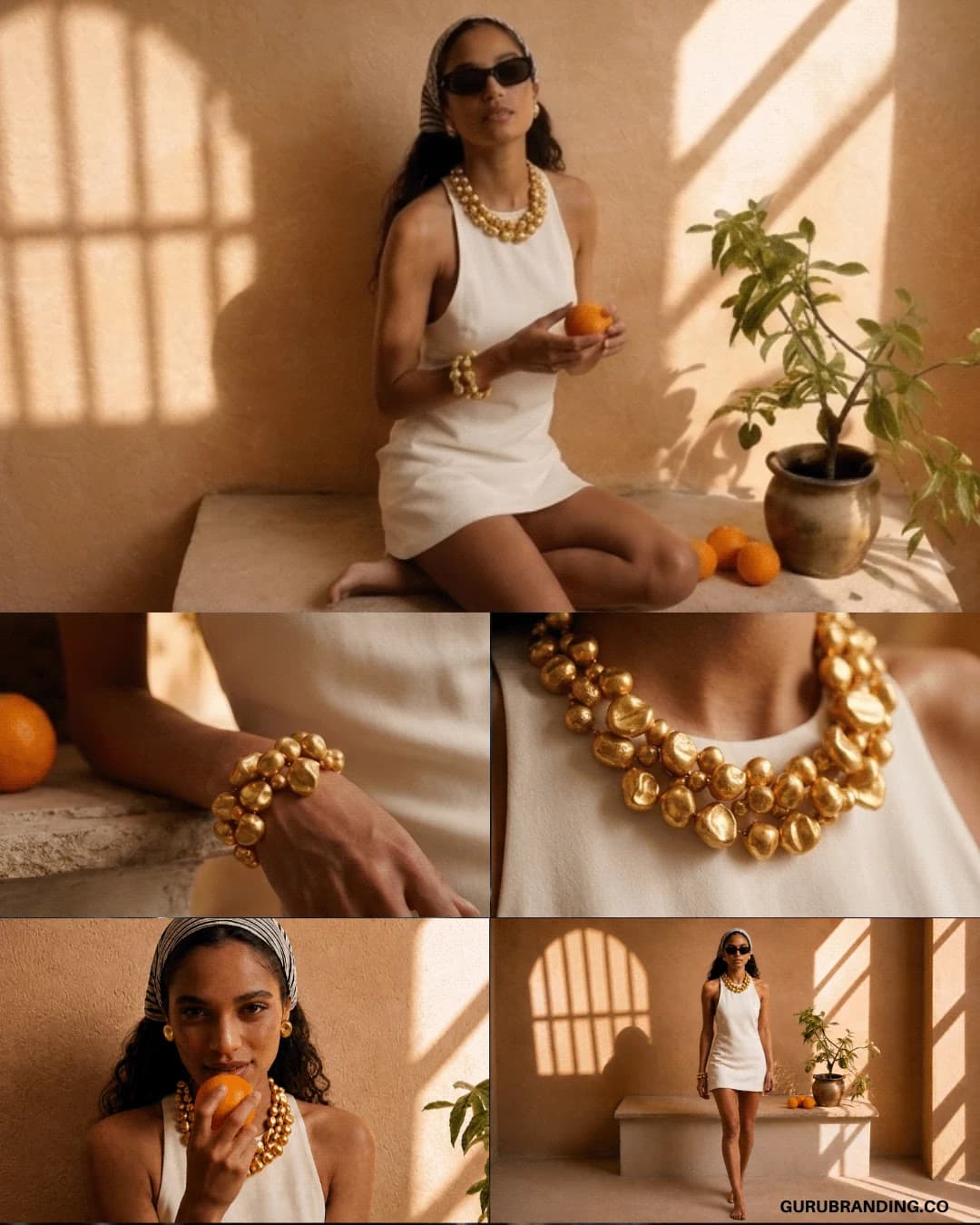 Model seated in window light, above a grid of campaign frames