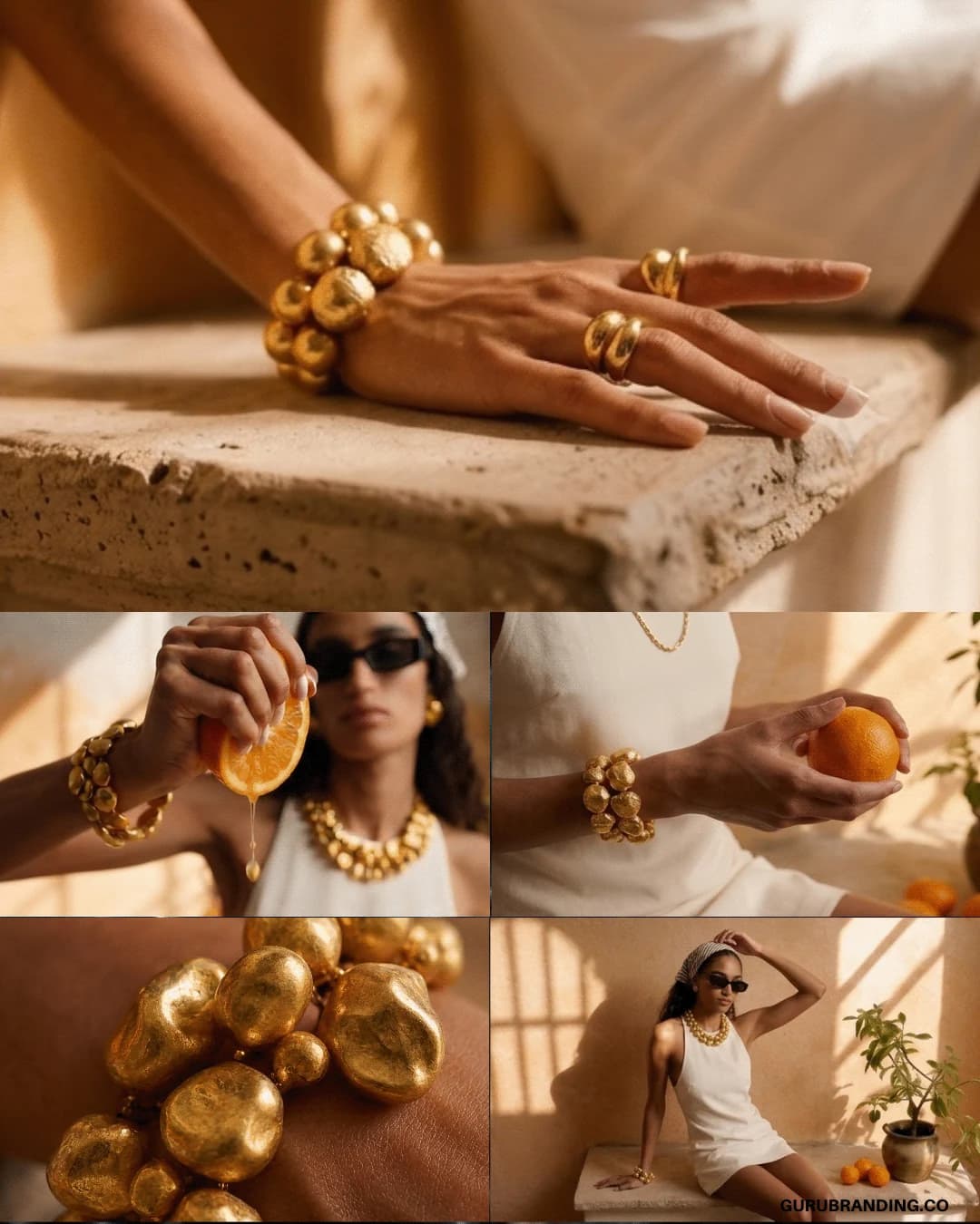 The model's hands wearing the gold rings on stone, above further frames