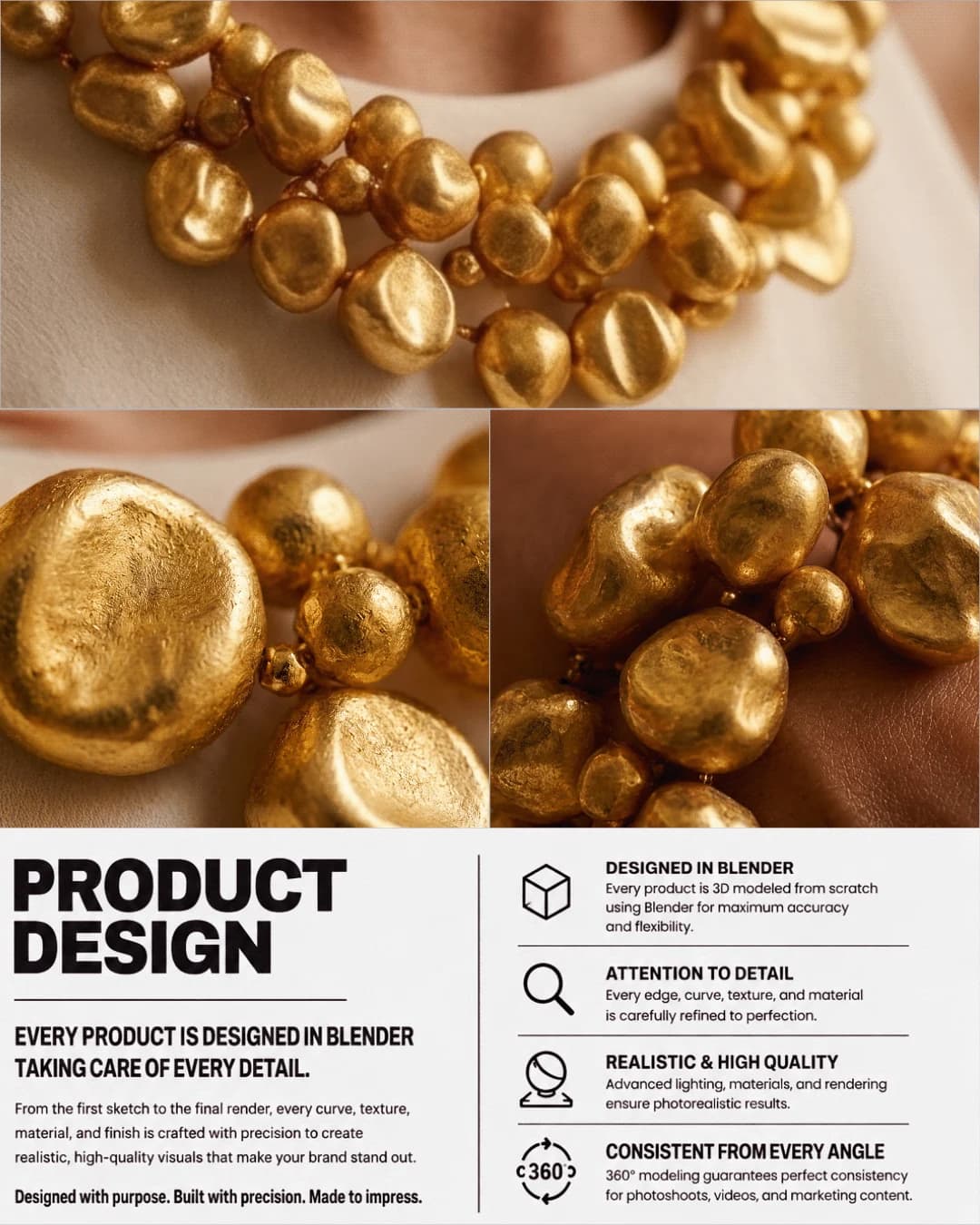 Product design board beside the hammered gold necklace