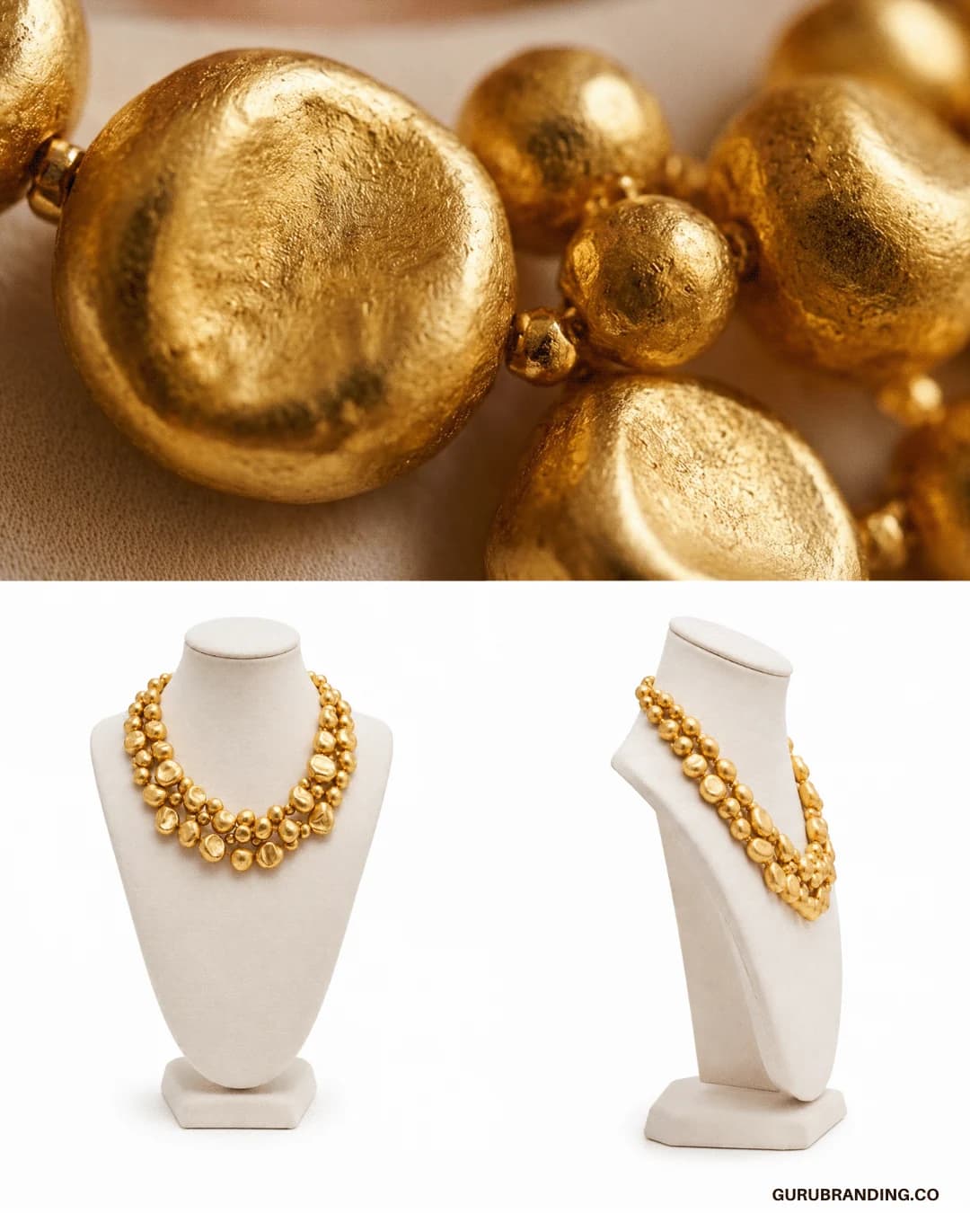 The gold necklace in close-up, above the piece shown on display busts
