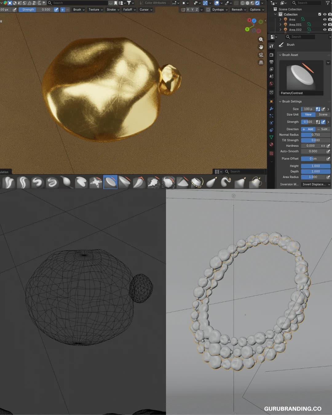 Blender viewport board showing the nugget geometry and the necklace wireframe