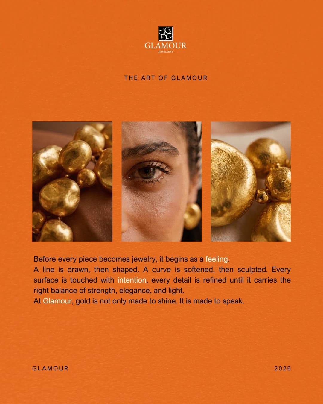 The Art of Glamour editorial board in orange with jewellery and portrait crops