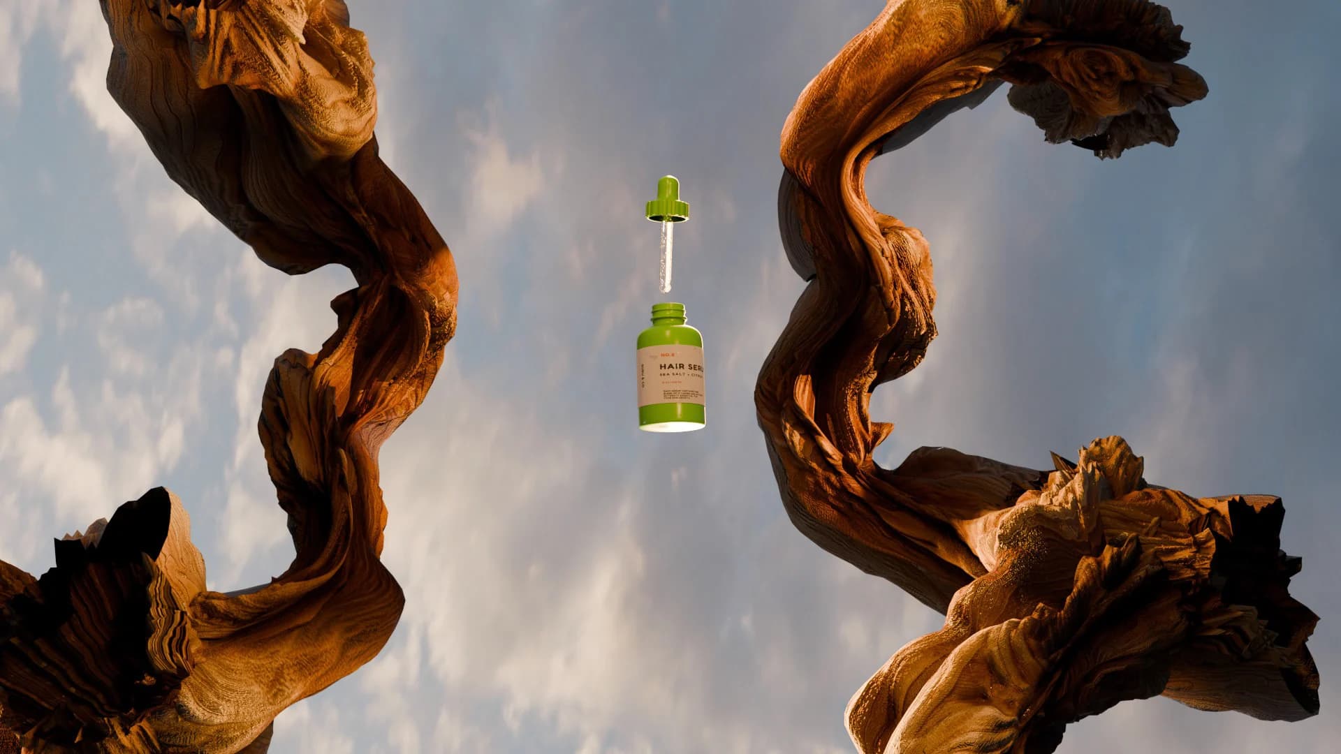 The serum bottle standing upright on a twisted branch