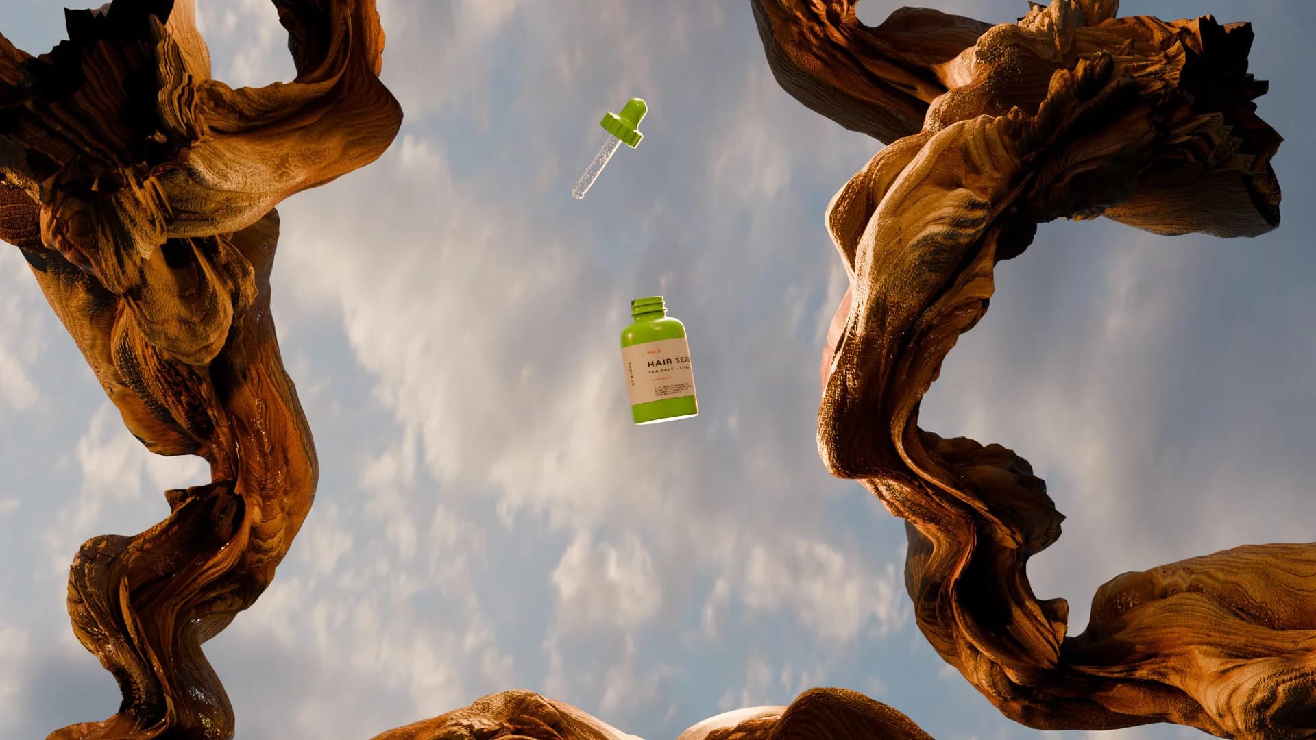 The bottle and its dropper falling between branches