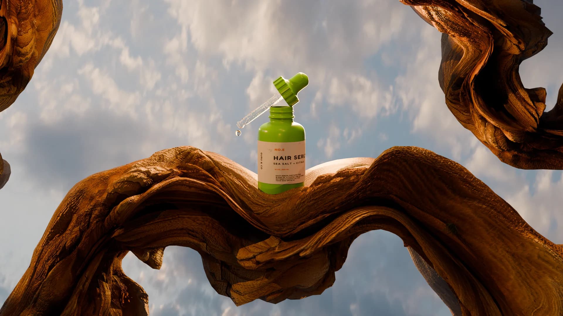 The serum bottle on the driftwood arch with its label facing camera
