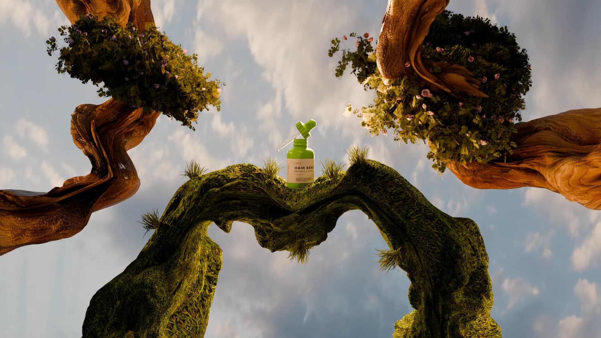The bottle on a moss-covered branch with foliage above
