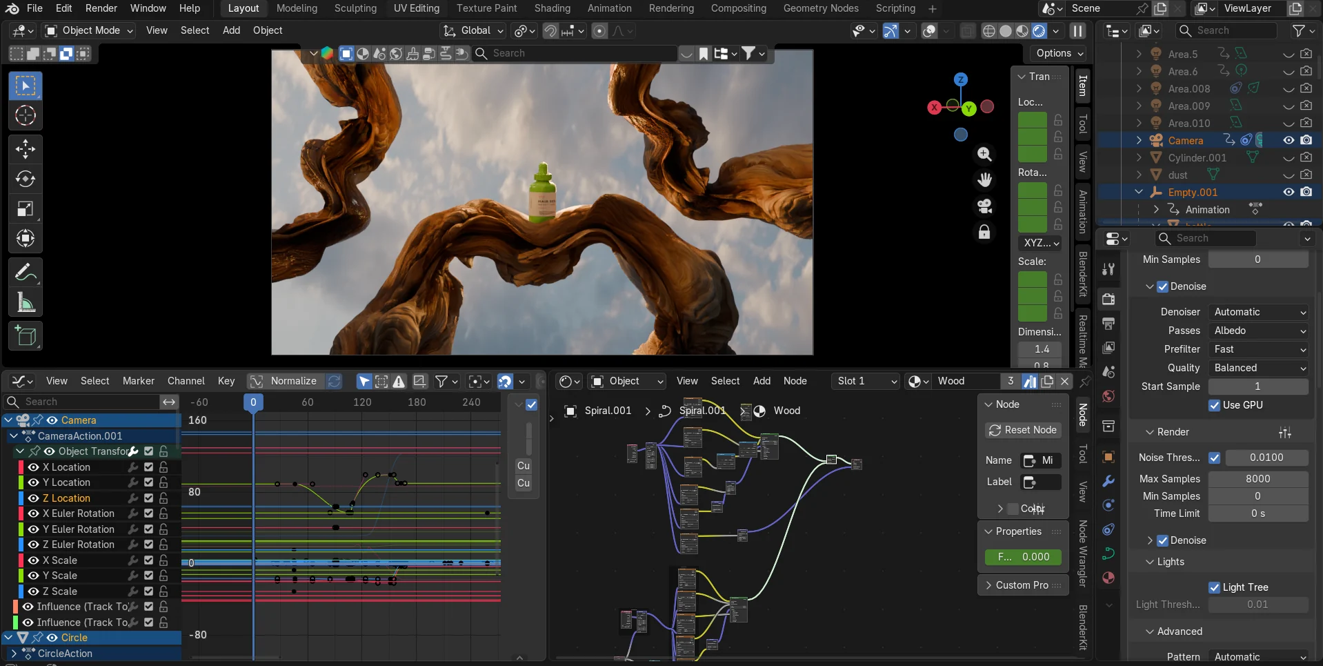 Blender viewport showing the scene layout and the animation graph editor