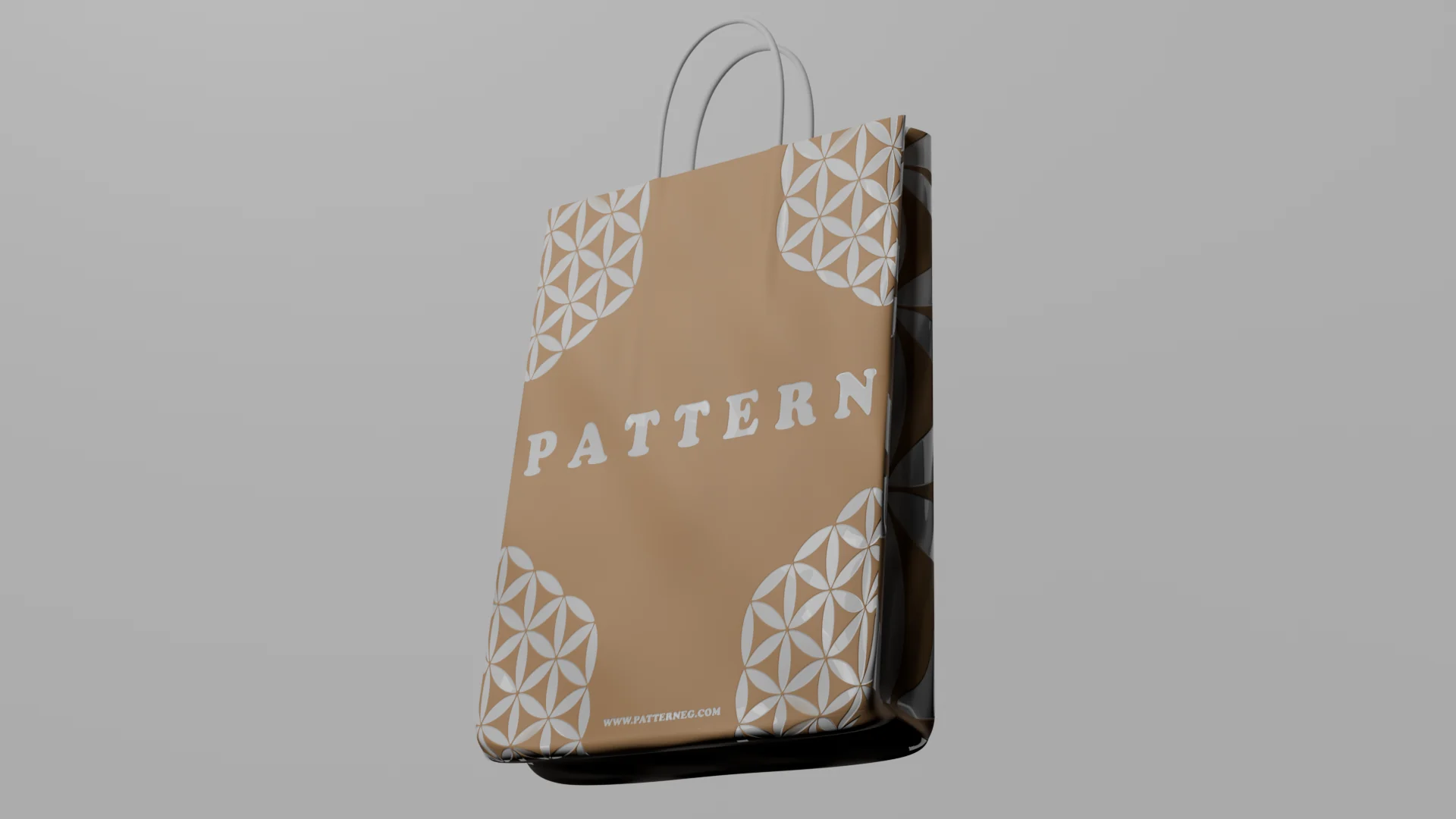 Pattern paper bag floating on a grey backdrop, showing the printed wordmark