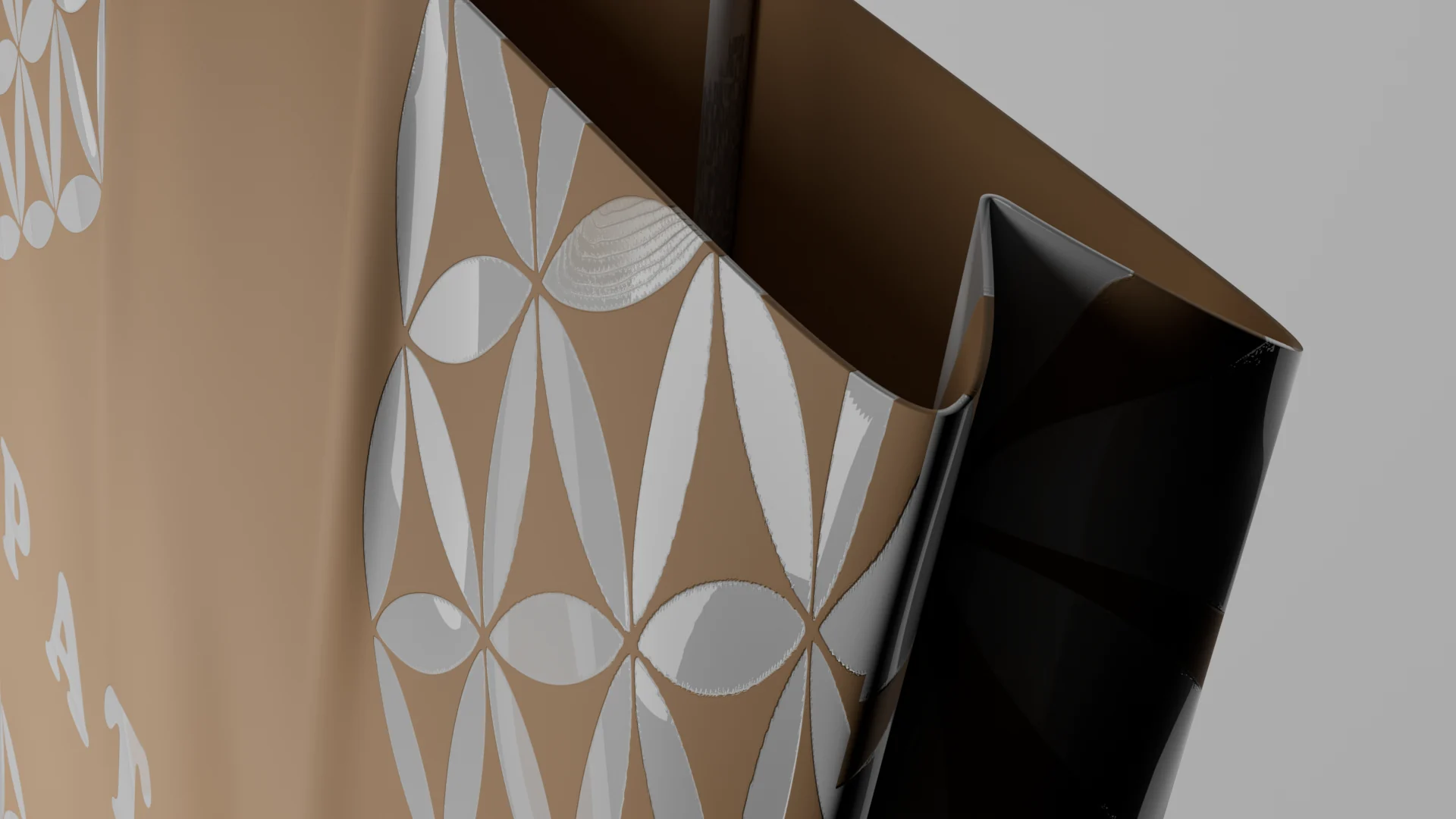 Three-quarter view of the bag showing the geometric flower-of-life print