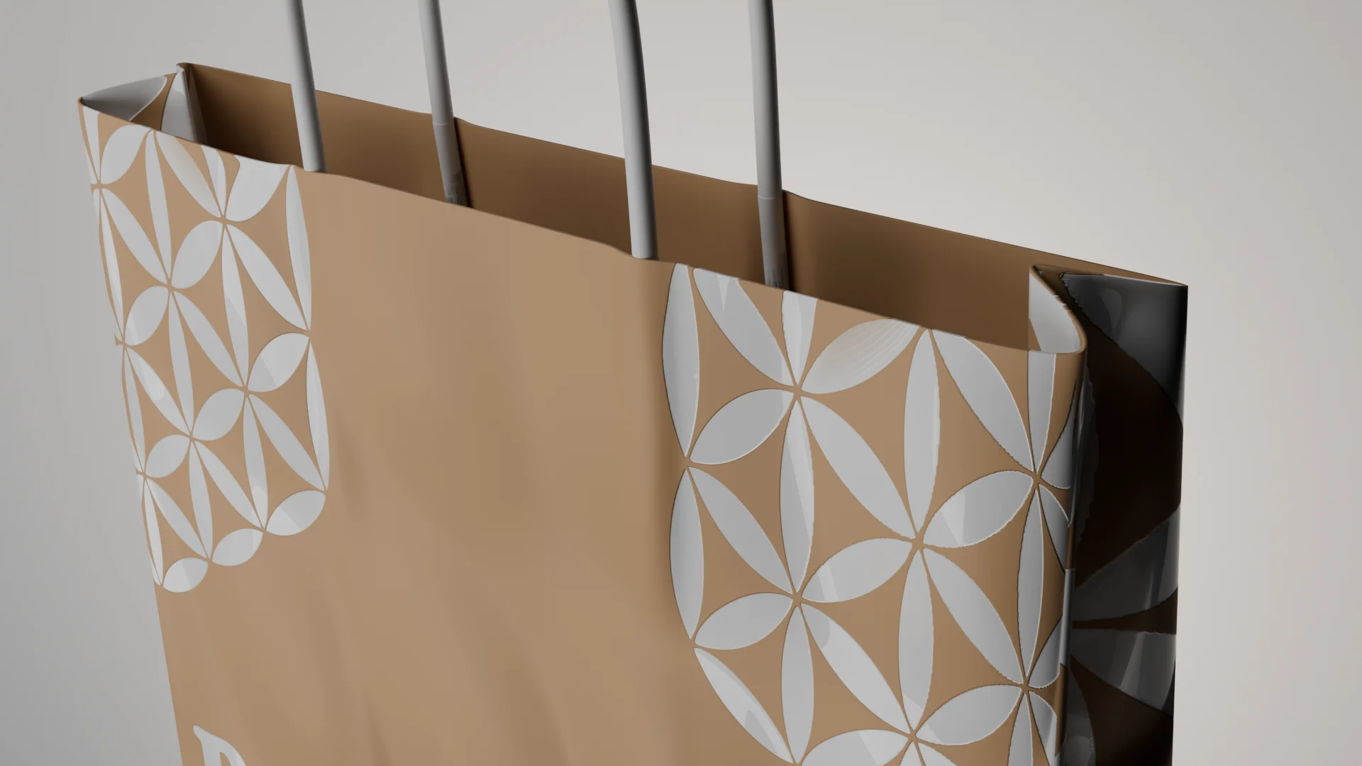 The paper bag with its twisted handles seen from below