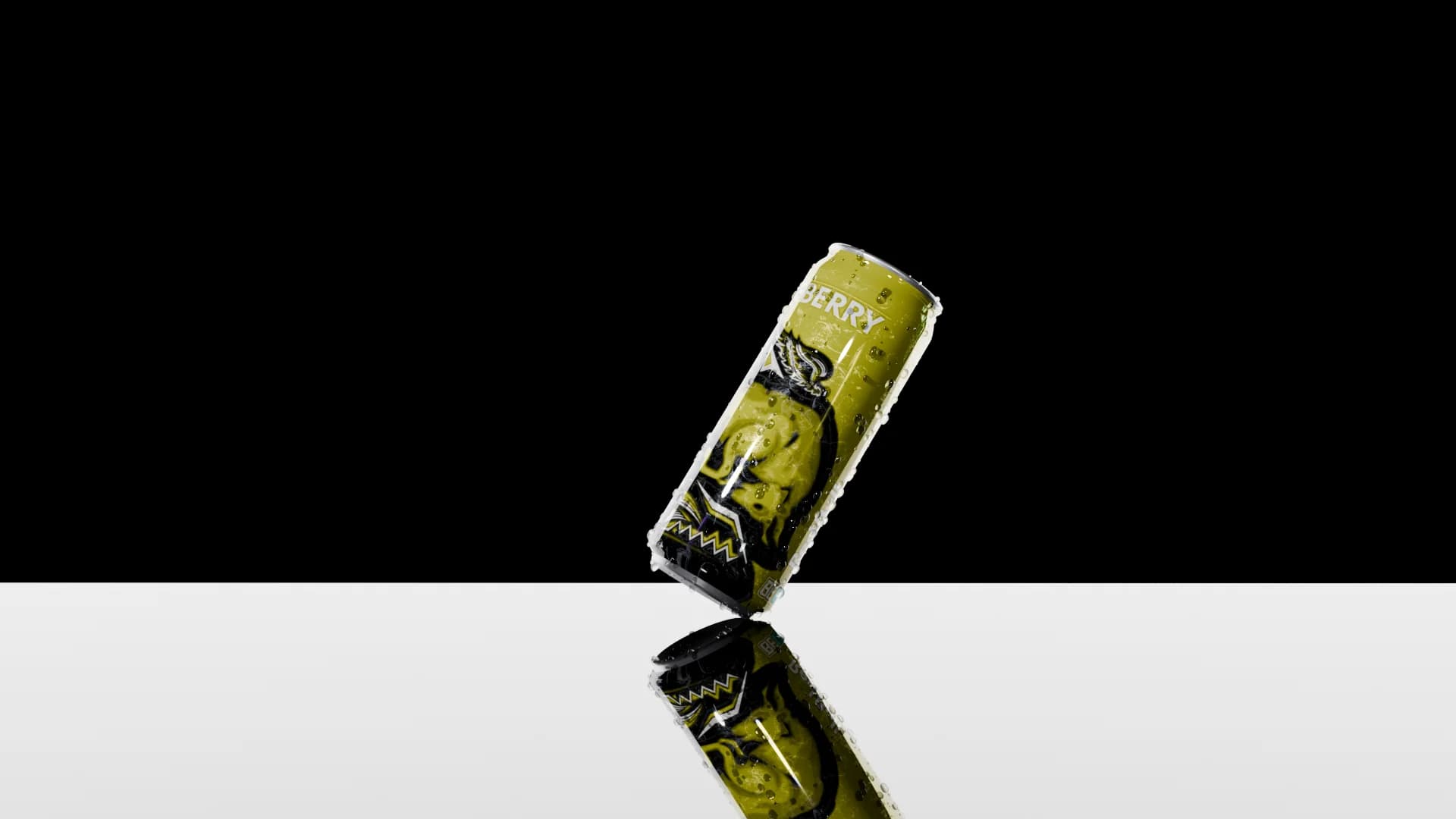Olive-green energy drink can tipped on a white reflective floor against black