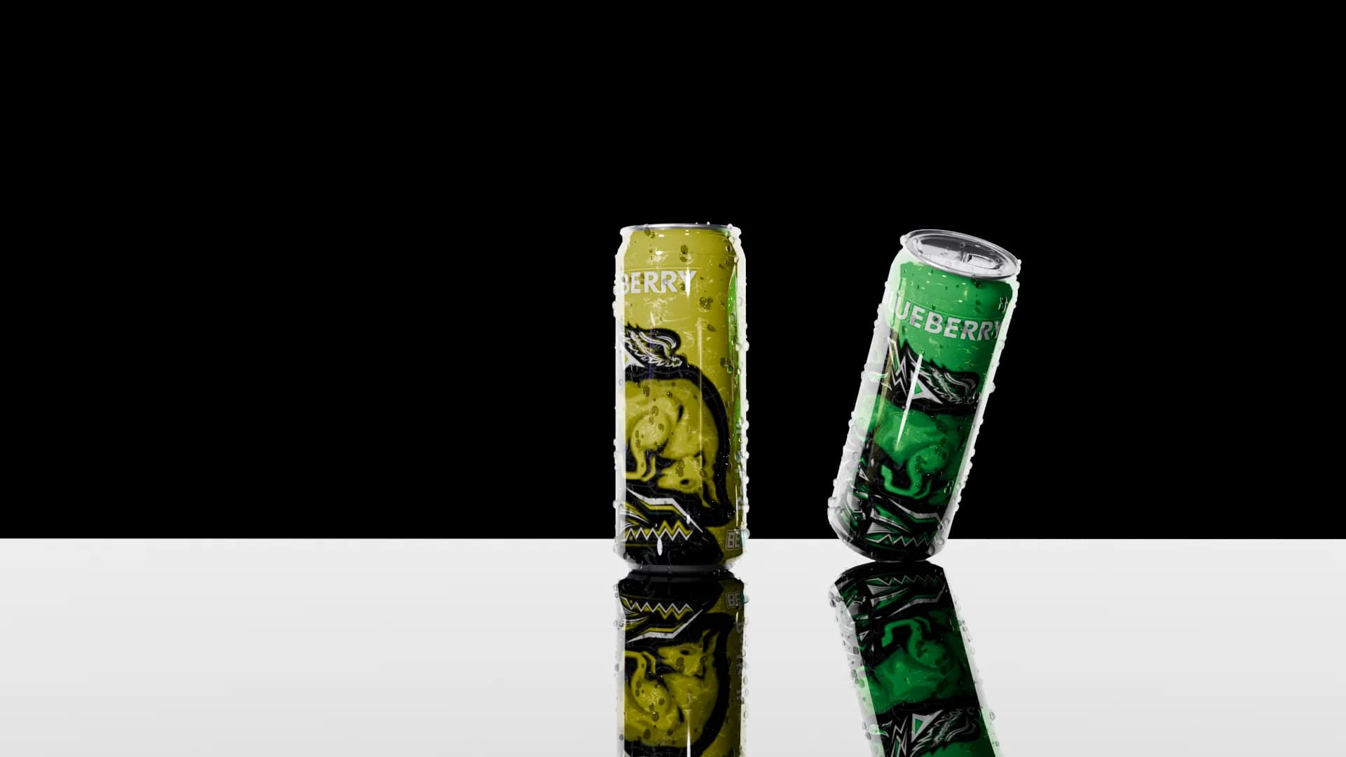 Two energy drink cans, olive and green, on a reflective floor