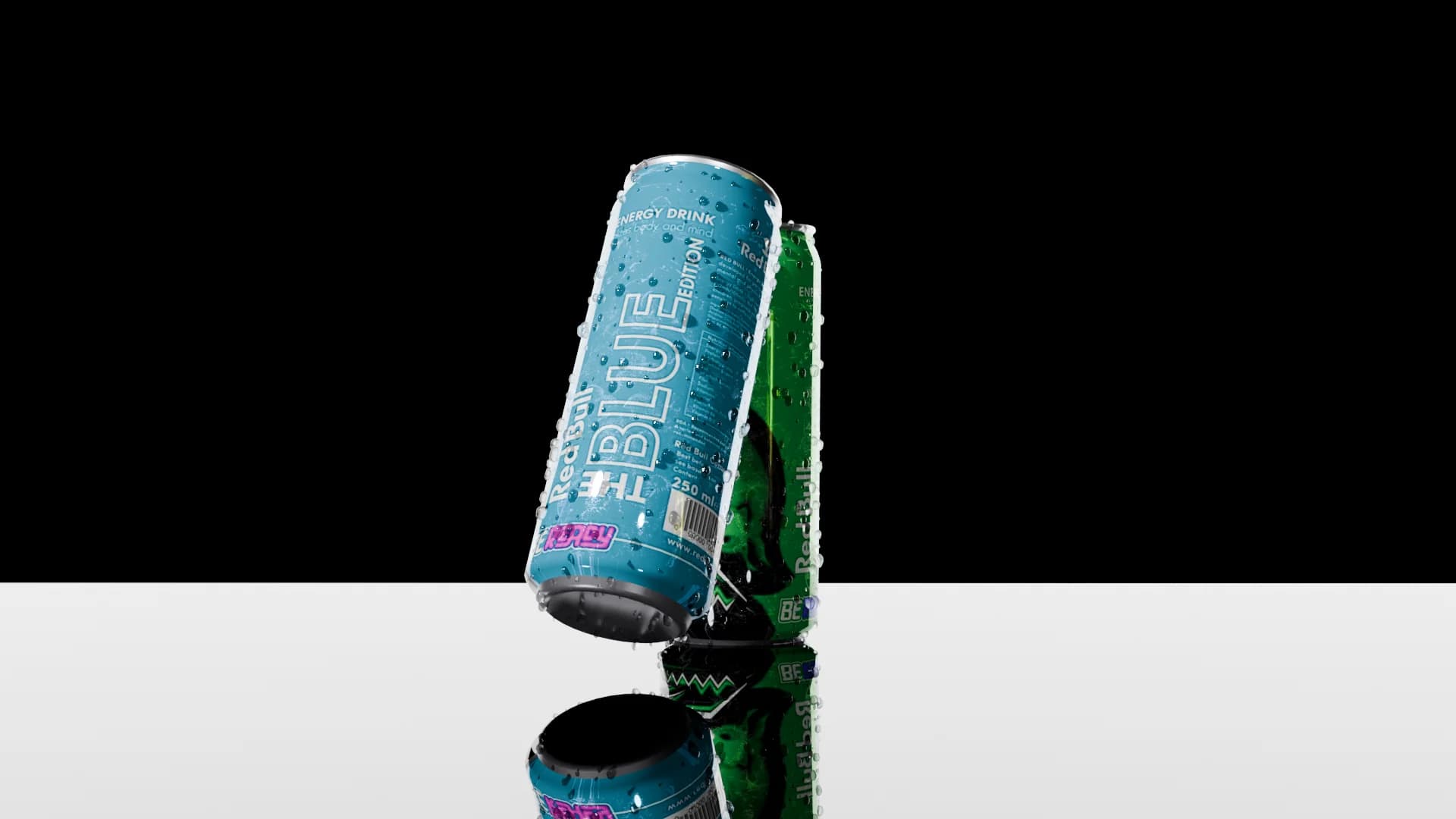Blue and green energy drink cans on a reflective floor