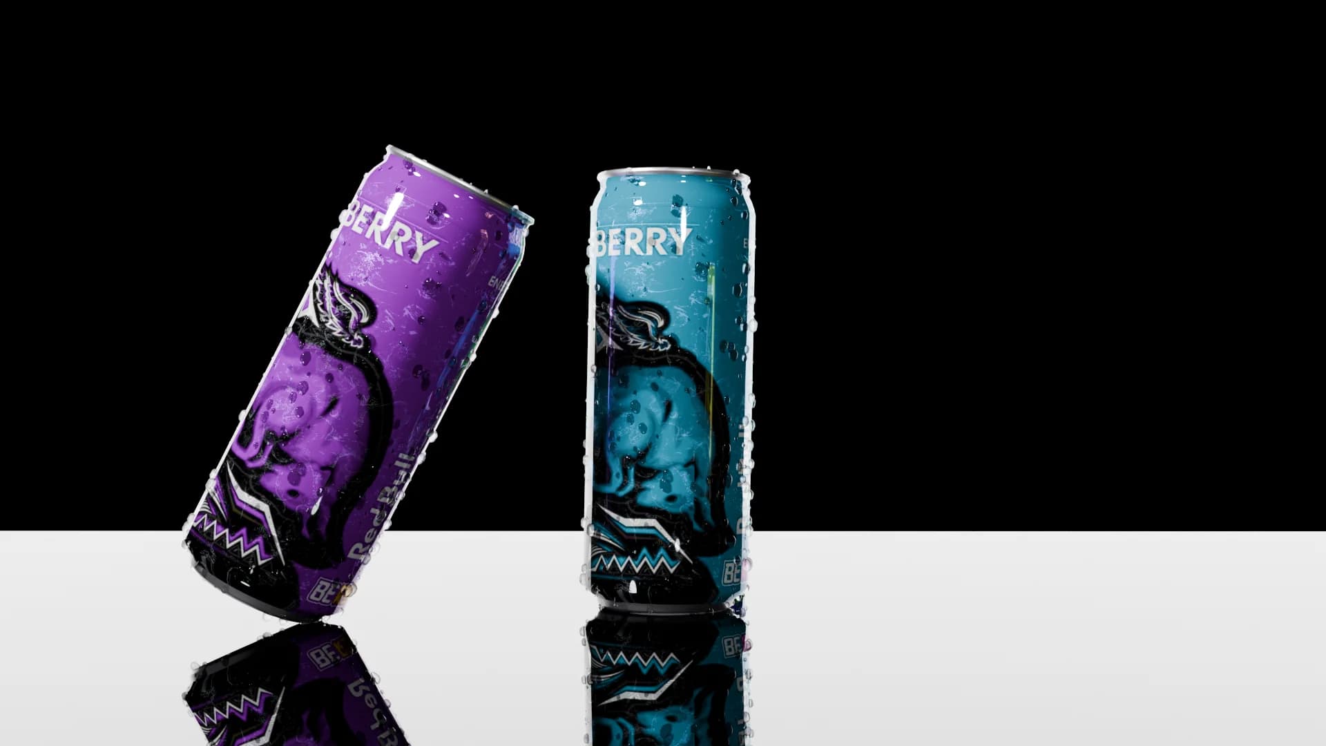Purple and blue energy drink cans on a reflective floor