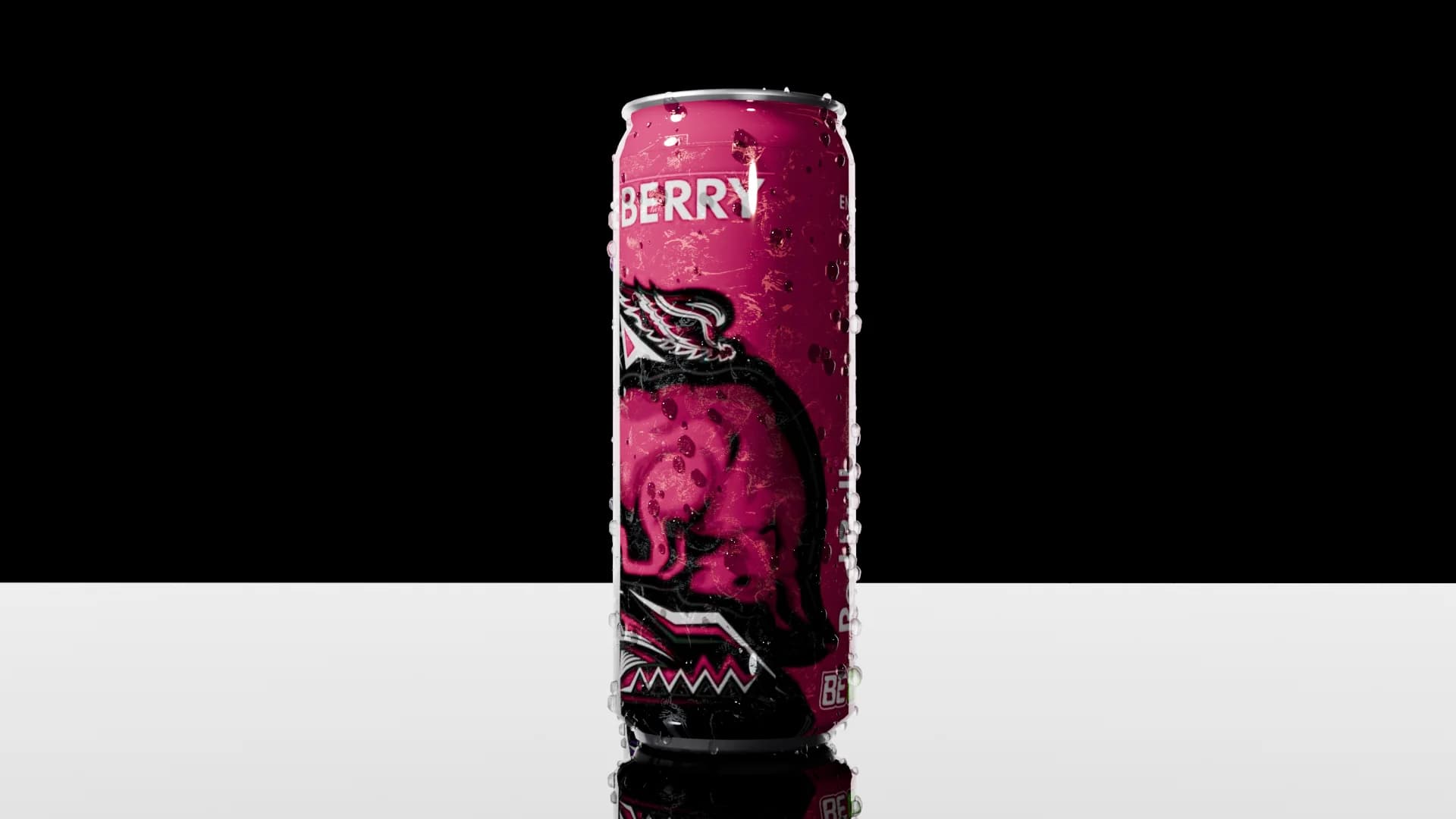 Magenta energy drink can standing on a white reflective floor