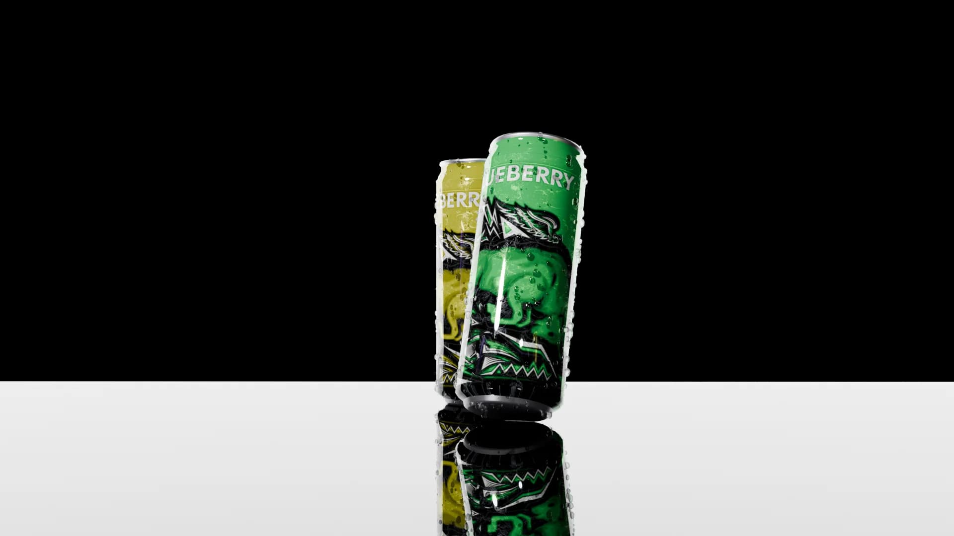 Magenta and green energy drink cans on a reflective floor